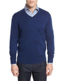 Cashmere-Silk V-Neck Sweater, Navy