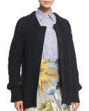 Marled Cable-Knit Long-Sleeve Cardigan, Navy