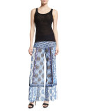 Wide-Leg Mixed-Print Pants
