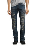 Demon Slashed 3D Crinkle Denim Jeans, Indigo