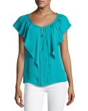 Venetta Short-Sleeve Ruffled Silk Blouse, Aqua