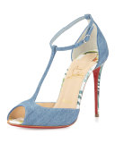 Senora Denim 100mm Red Sole Sandal, Blue/White