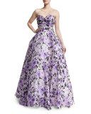 Sweetheart-Neck Strapless Floral-Print Gown, Purple/White