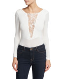 Lace-Inset Long-Sleeve Bodysuit, Black