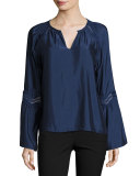 Astrid Satin Bell-Sleeve Top, Navy
