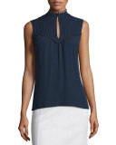 Sleeveless Pintucked Silk Blouse, Navy
