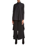High-Low Button-Front Blouse, Black