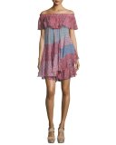 Off-the-Shoulder Patchwork Mini Dress, Tangerine/Mermaid