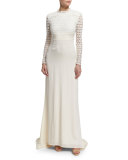Eva Long-Sleeve Open-Back Combo Gown, Off White
