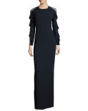 Ruffle-Sleeve Tulle-Back Gown, Dark Navy