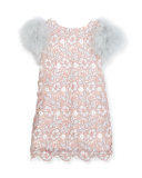 Feather-Sleeve Lace Shift Dress, Pink, Size 10-12