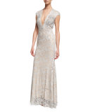 Cap-Sleeve Plunging V-Neck Embellished Lace Gown