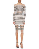 Signature Sequined Illusion Long-Sleeve Dress, Blush/Black