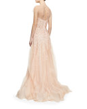 Short-Sleeve Beaded Tulle Illusion Gown, Blush