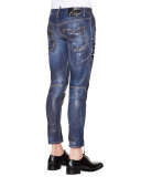 Zipper-Trim Slim-Fit Denim Jeans, Blue