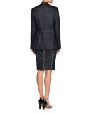 Denim Short-Sleeve Crewneck Sheath Dress, Indigo Blue