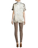 Josie Short-Sleeve Abstract-Print Silk Blouse, Ecru Multi