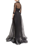 Floral-Embroidered Organza Trench Gown, Black