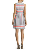 sleeveless jewel-neck striped dress, surprise coral