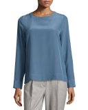 Long-Sleeve Round-Neck Blouse, Blue