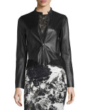 Lace-Trim Zip-Up Leather Jacket, Black