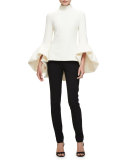 Bell-Sleeve Turtleneck Peplum-Back Top, Ivory