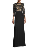 3/4-Sleeve Lace-Bodice Gown, Black/Nude