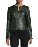 Collarless Zip-Front Lambskin Leather Jacket, Hunter Green