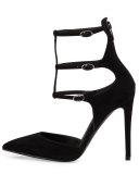 Alisha Three-Strap Suede Pump, Black