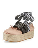 Ankle-Wrap Platform Espadrille Flat, Nudo/Nero