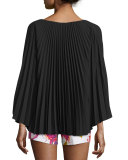 Long-Sleeve Pleated Chiffon V-Neck Top, Black