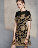 Short-Sleeve Embroidered Cocktail Dress, Black/Gold