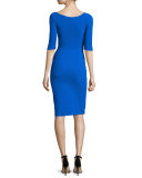Joandra Half-Sleeve Yoke-Cutout Ruched Dress, Cobalt 