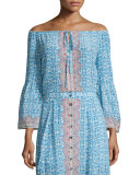 3/4-Sleeve Printed Silk Top, Blue/Multi