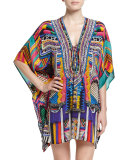 Embellished Lace-Up Silk Caftan Coverup, Woven Wonderland