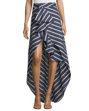 Ruffled Striped Pareo Skirt, Blue/White