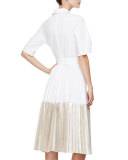 Half-Sleeve Two-Tone Midi Shirtdress, Champagne
