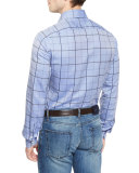 Windowpane-Check Sport Shirt, Light Blue