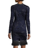 Camden Long-Sleeve Lace Dress w/ Fringe Hem, Navy