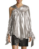 Agata Long-Sleeve Lamé Blouse, Silver