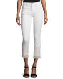 Skinny Cropped Jeans W/Fringe Lace Hem, White