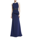 Sleeveless Crepe Peplum Gown, Midnight