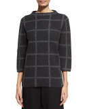 Windowpane-Check Funnel-Neck 3/4-Sleeve Sweater, Charcoal/Ash