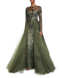 Geometric-Beaded Long-Sleeve Cape Gown, Forest Green