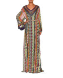 Belted V-Neck Long Caftan, Multi