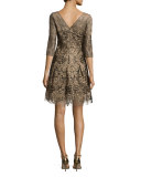 3/4-Sleeve Embroidered Fit-and-Flare Dress, Gold