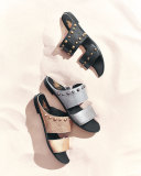 Studded Leather Two-Band Mule, Gold