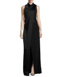 Sleeveless Satin & Crepe Column Gown, Black