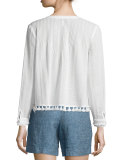 Boxy Pintucked Tassel-Trim Cotton Top, Soft White
