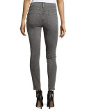 Zion Mid-Rise Skinny Ankle Jeans w/ Button Detail, Distressed Silver